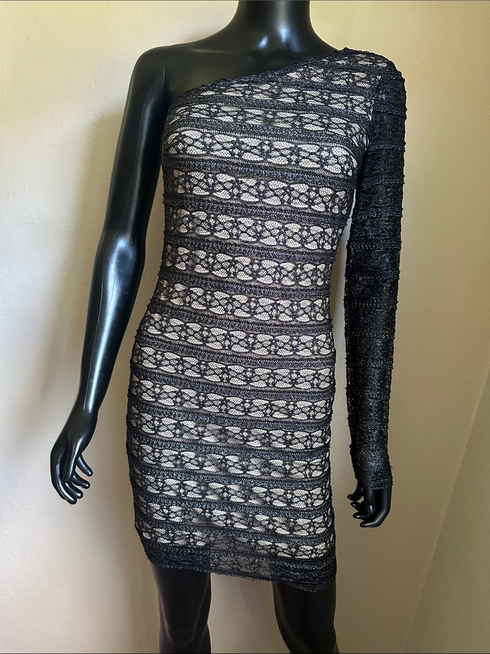 bebe Black Lace Overlay One-Shoulder Dress with Nude Lining